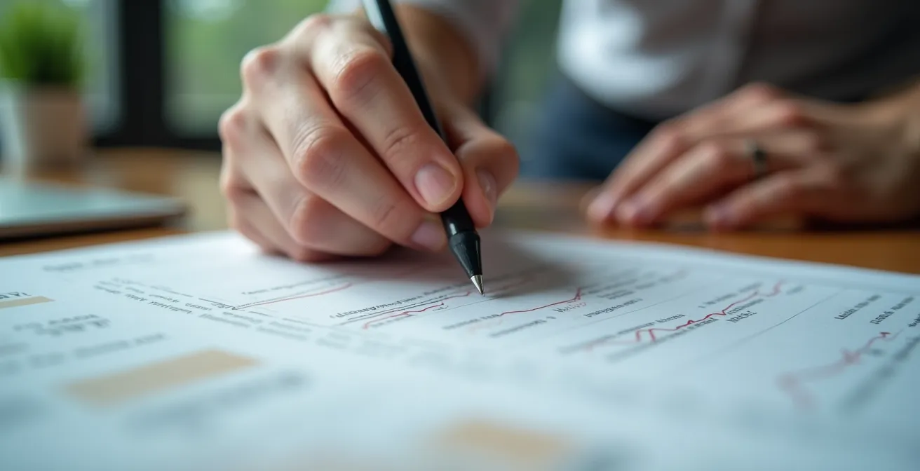 Détail d'une main examinant des documents contractuels