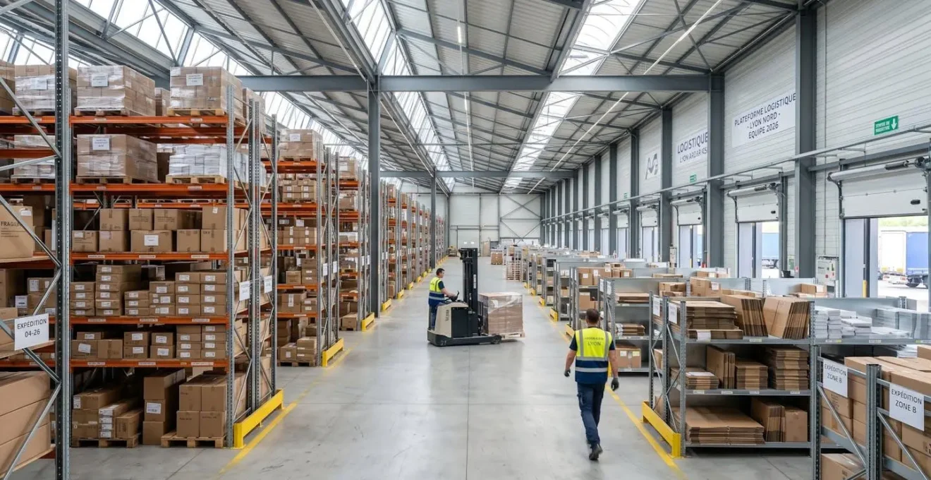 Vue grand angle d'un entrepôt logistique contemporain avec rayonnages métalliques remplis de cartons d'emballages variés sous lumière naturelle