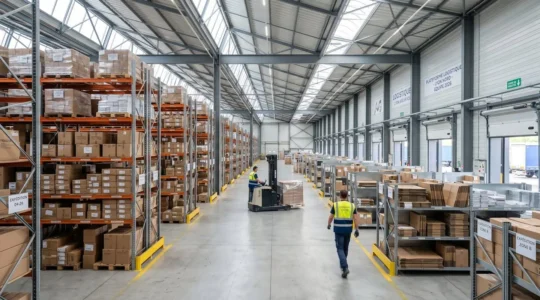 Vue grand angle d'un entrepôt logistique contemporain avec rayonnages métalliques remplis de cartons d'emballages variés sous lumière naturelle