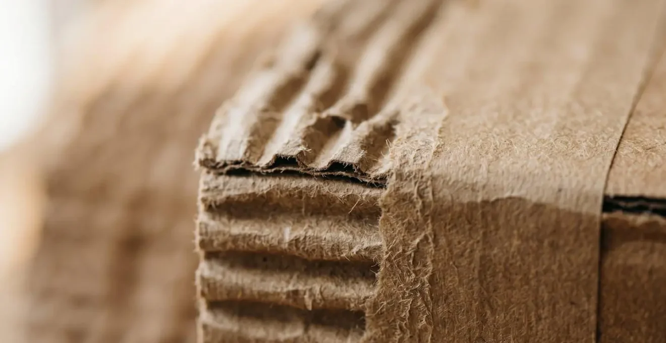 Gros plan macro sur la texture d'un carton ondulé avec bordure de scotch kraft, mise au point nette sur les fibres du papier