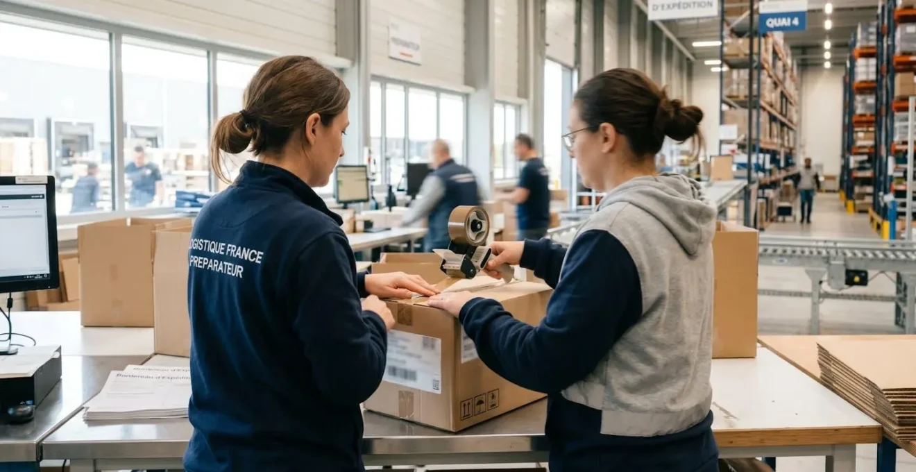 Vue par-dessus l'épaule d'un préparateur logistique emballant un colis sur une table de préparation dans un entrepôt moderne lumineux