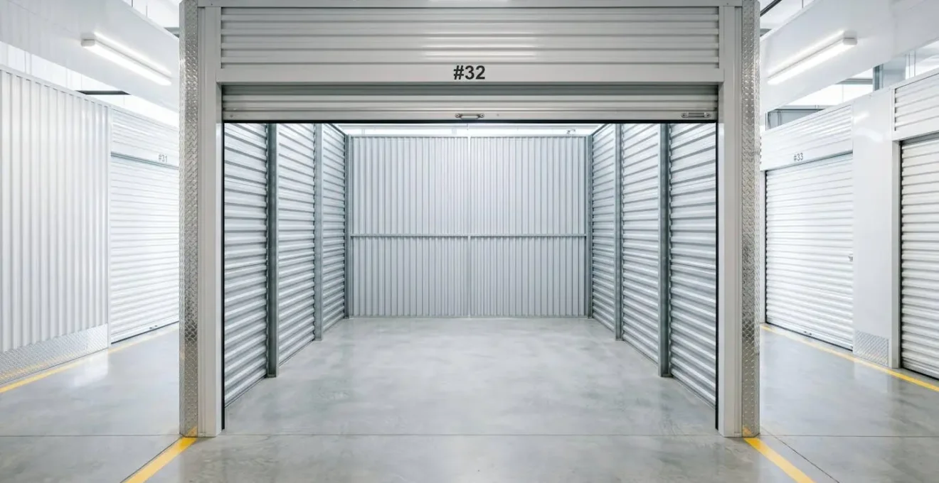 Intérieur lumineux d'un box de stockage avec des cartons empilés de manière ordonnée sur des étagères métalliques