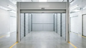 Intérieur lumineux d'un box de stockage avec des cartons empilés de manière ordonnée sur des étagères métalliques