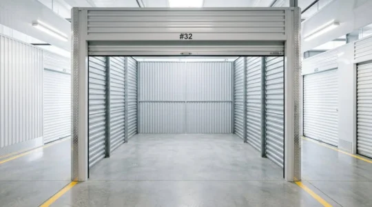 Intérieur lumineux d'un box de stockage avec des cartons empilés de manière ordonnée sur des étagères métalliques