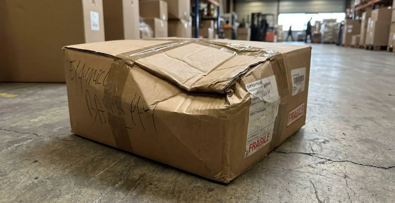 Caisse carton professionnelle présentant un affaissement visible du couvercle suite à une charge excessive durant le stockage