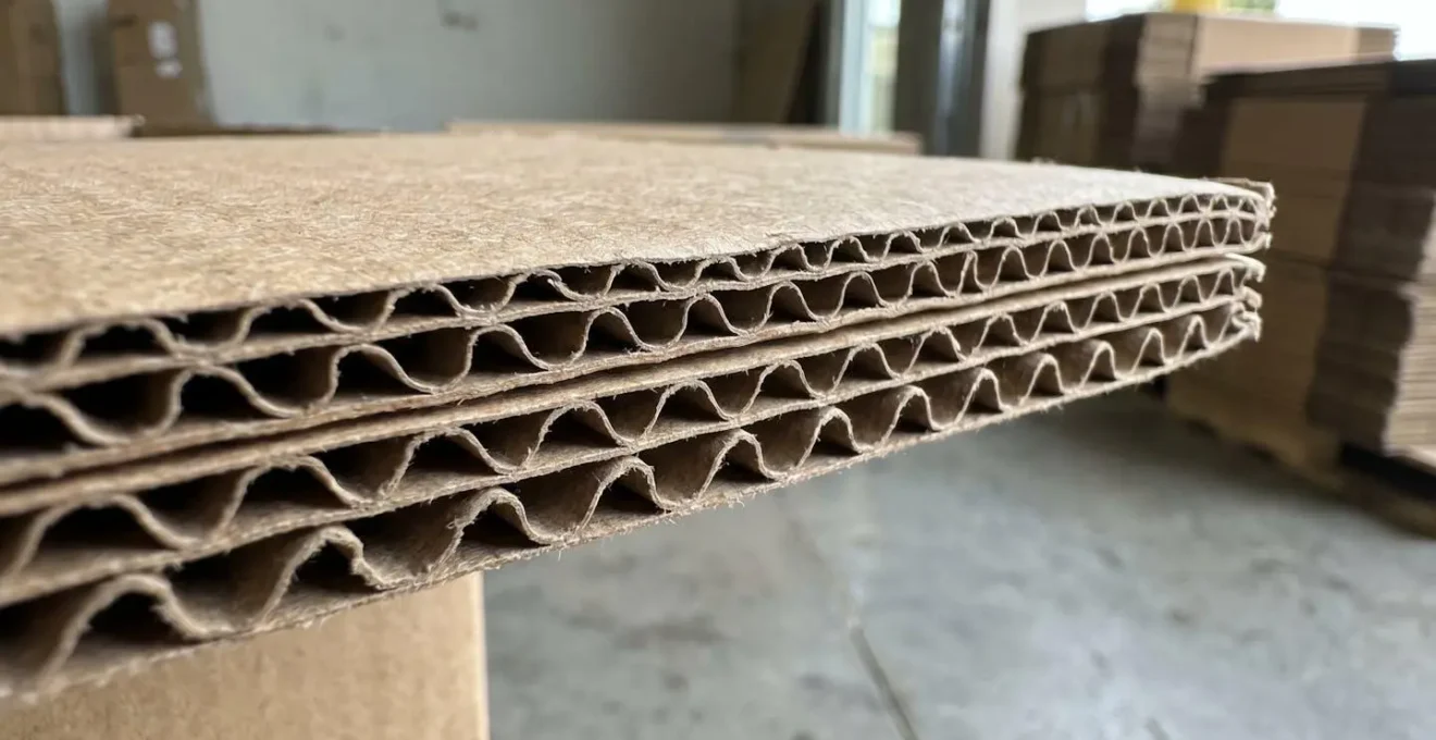 Gros plan sur la tranche d'un carton ondulé révélant les couches de papier kraft et la structure en cannelure