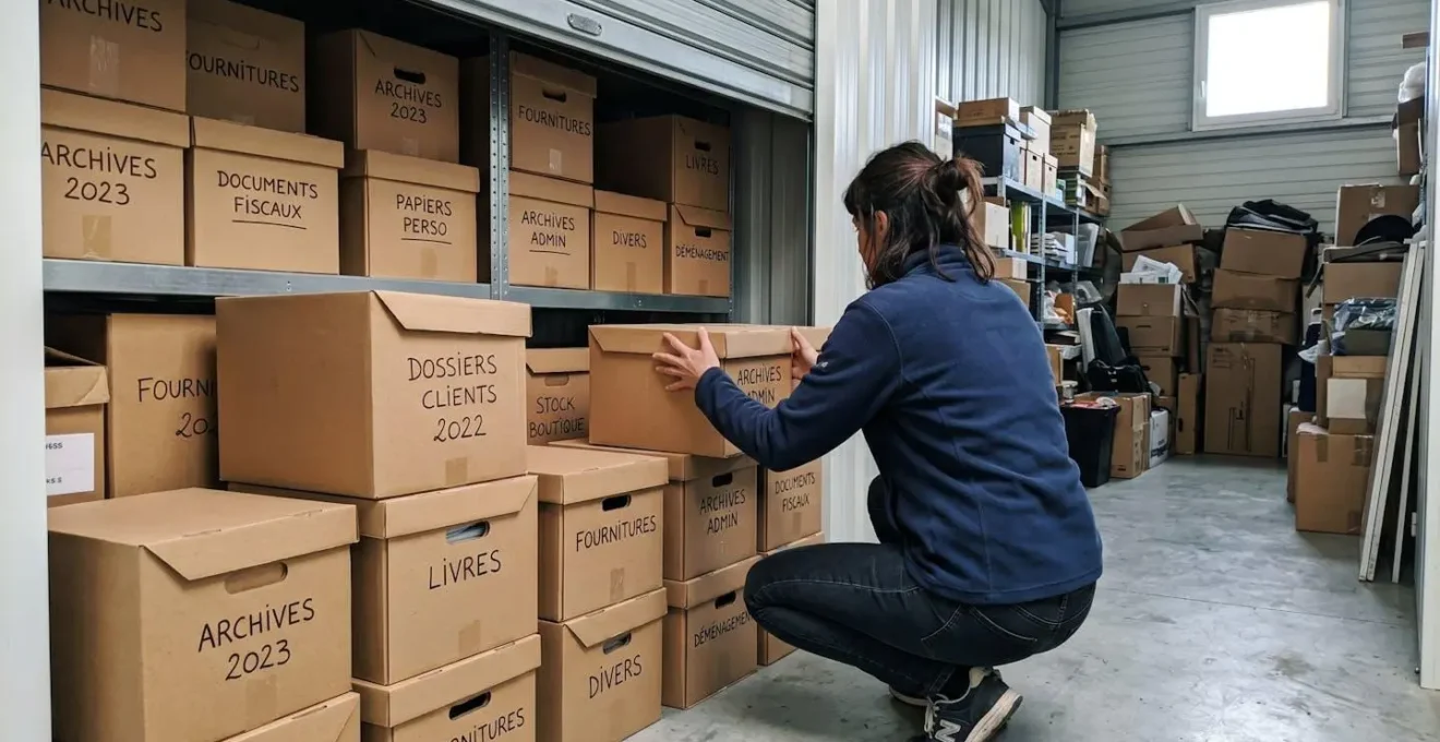 Une personne vue de dos en train de ranger des cartons étiquetés dans un box de stockage lumineux