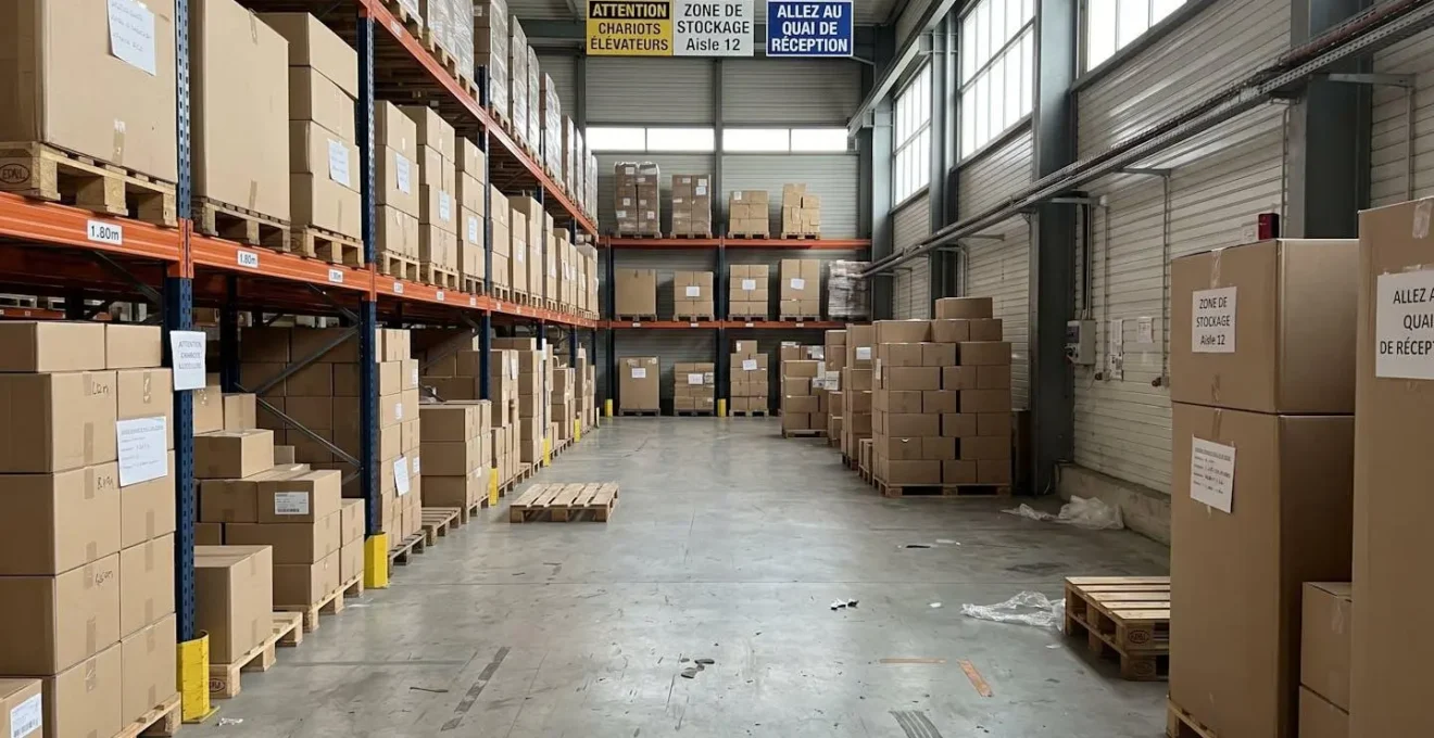 Zone de stockage professionnel avec caisses carton gerbées sur palettes Europe dans un entrepôt logistique moderne