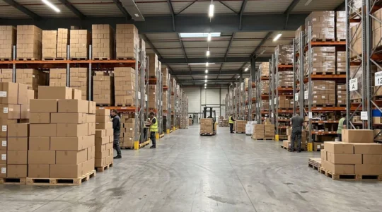 Zone de stockage professionnel avec caisses carton gerbées sur palettes Europe dans un entrepôt logistique moderne